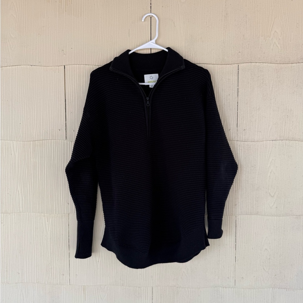 Aerie Offline black ribbed knit quarter-zip sweater